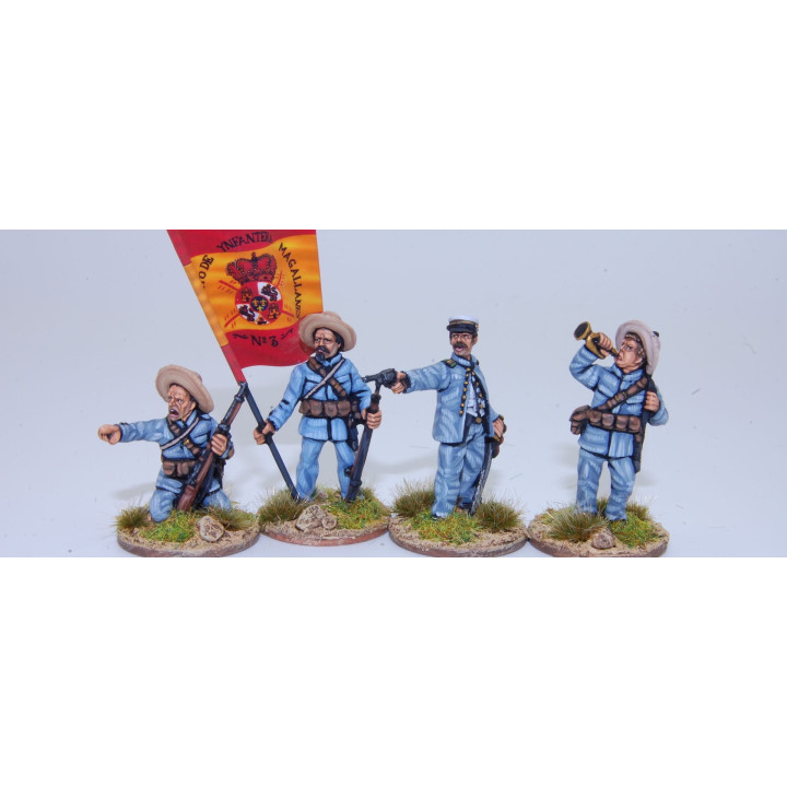 Grupo de mando de infantería española en acción, equipamiento de 1897