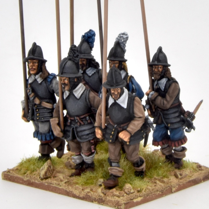 Armoured pikemen marching, helmets and tassels
