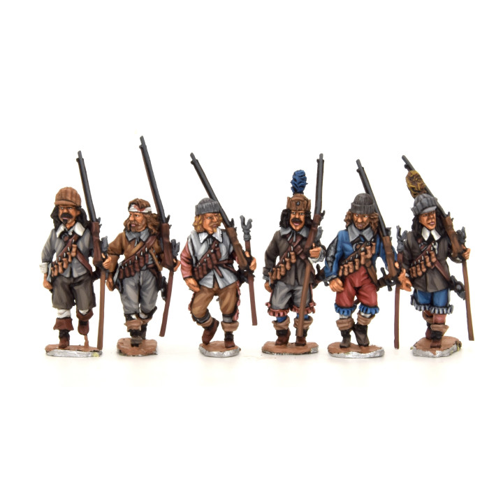 Musketeers marching, various headgear