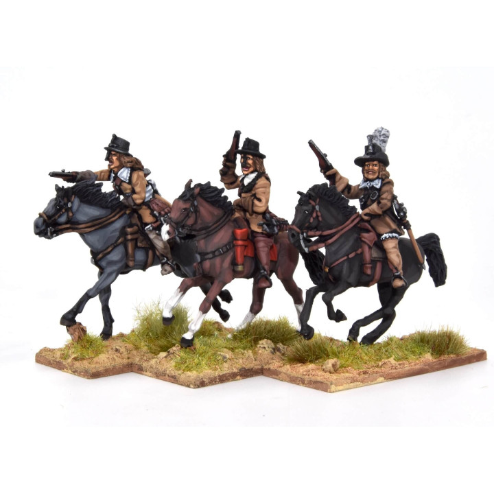 Cavalry charging with pistol, buff coat and helmet
